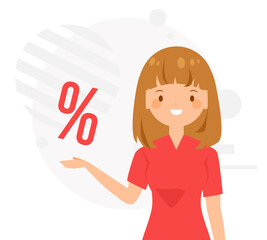 Sale banner. Young woman showing percent sign.