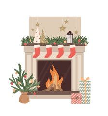 Cozy Christmas fireplace with christmas tree, wreath, socks, candle, gift boxes. Home winter holiday decoration. New year and Xmas celebration. Flat vector illustrations