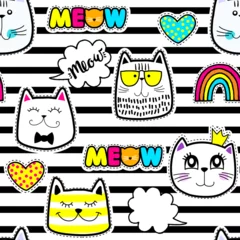 Fototapeten Fashion patch badges in sketch comics style. Abstract seamless pattern. Stickers cats on repeated stripes background. © artlavi_design