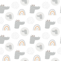 Kids vector cartoon nursery seamless pattern with abstract shapes and points doodle  crocodile head and rainbows colorful grey background - 540572604