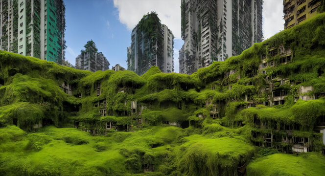 post-apocalyptic city, dystopic overgrown apartment buildings