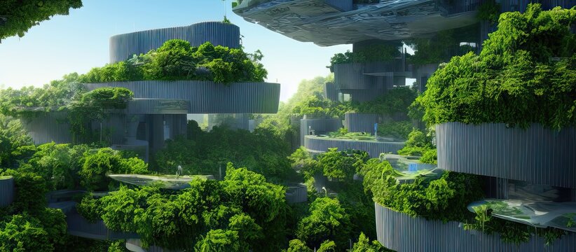 Future green city with vertical gardens growing on skyscraper building, eco city or sustainable city design, conceptual illustration