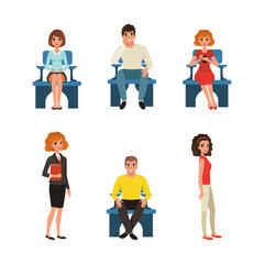 People Characters Sitting and Standing in Queue Vector Set