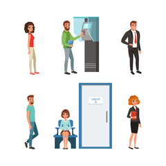 People Characters Sitting and Standing in Queue Vector Set