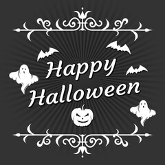Happy Halloween wish on vintage background in old black and white film style. Halloween retro design. Vector illustration