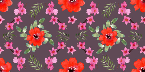 Fototapeta na wymiar Seamless pattern with different flowers and leaves: rose, daisy and strelitzia, watercolor painting. For design cards, drawing and textiles. On a gray background.