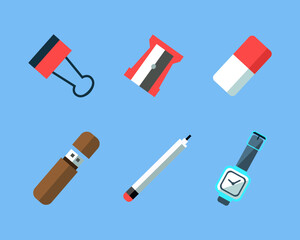 Workspace Items with USB Flash Drive, Watch, Pencil, Paperclip and Sharpener Top View Vector Set