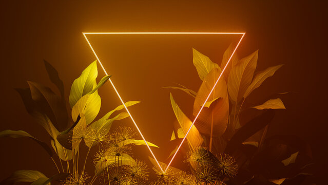 Tropical Plants Illuminated with Yellow and Orange Fluorescent Light. Rainforest Environment with Triangle shaped Neon Frame.