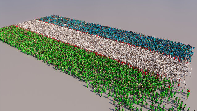 A Crowd of People congregating to form the Flag of Uzbekistan. Uzbekistani Banner on White.