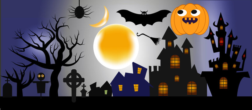Halloween All Design Element Package. Halloween background copyspace, mysterious landscape Tombstone graveyard,cartoon witch house,Haunted house, Pumpkins oWl and bats.Spooky Horor Cartoon Scene.