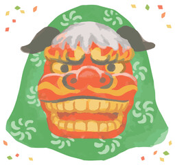 水彩風、獅子舞の獅子頭。ベクターイラスト素材。年賀状などに。