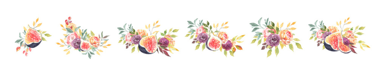 Watercolor fig,pumpkin flora bouquet illustration. Festive boho autumn arrangement, fall frame, wreath.Thanksgiving,harvest colorful vegetable, tropical fruit for fall wedding stationery,greeting card