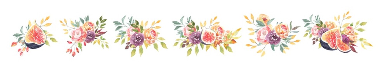 Watercolor fig,pumpkin flora bouquet illustration. Festive boho autumn arrangement, fall frame, wreath.Thanksgiving,harvest colorful vegetable, tropical fruit for fall wedding stationery,greeting card