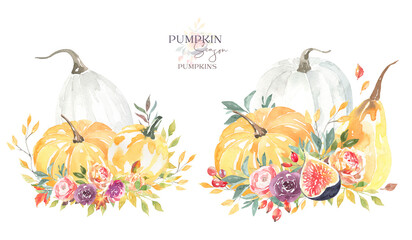 Watercolor pumpkin,fig flora bouquet illustration. Festive boho autumn arrangement, fall frame, wreath.Thanksgiving,harvest colorful vegetable, tropical fruit for fall wedding stationery,greeting card