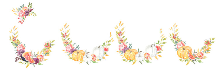 Obraz na płótnie Canvas Watercolor boho fig pumpkin thanksgiving floral frame illustration. Autumn flower arrangement, wreath,frame, for fall wedding stationery, nursery, thanksgiving card, save the date, baby shower diy 