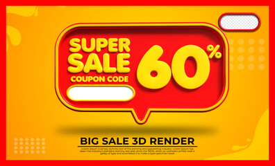 3D render  super sale 60% red and yellow colors bubble for discount sale, flash sale, promo sale, black friday