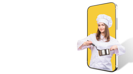Young woman cook chef. Phone with young confectioner. Girl dressed as chef. Woman student cooking courses. Concept training to be chef cook in college. Place for text on white. Copy space near phone