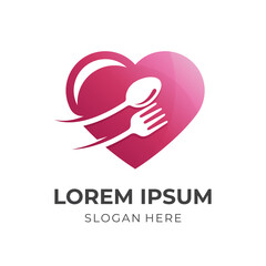 love eat logo vector, love, spoon and fork combination logo with 3d red color style