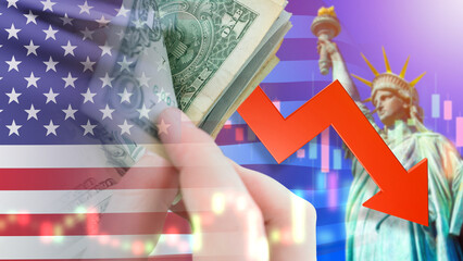 USA financial recession. Economic crisis chart with american flag. Hands with dollars. Crisis in US economy. Economic recession. Decline in purchasing power in USA. Red arrow down recession symbol
