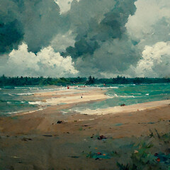 Fototapeta premium cloudy beach scene with trees and ocean