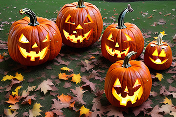 Naklejka na ściany i meble Realistic halloween pumpkins on the autumn field. 3D illustration