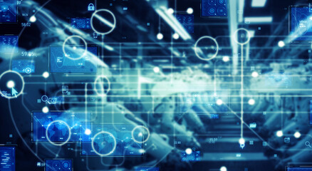 Futuristic factory with robot arms and communication network concept. Factory automation. IIoT.