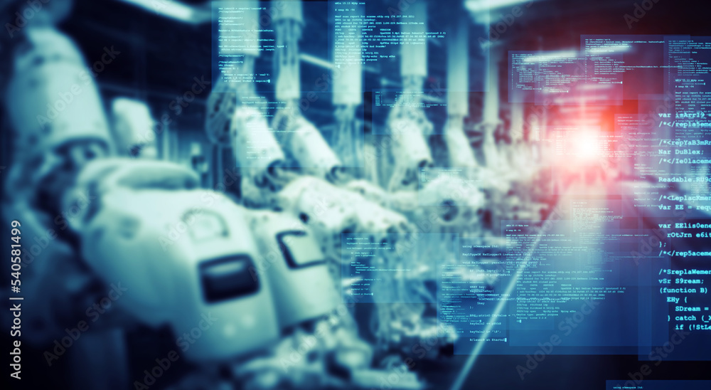 Aufkleber Futuristic factory with robot arms and communication network concept. Factory automation. IIoT.