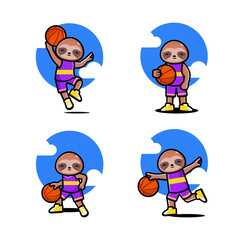 Set of happy cute sloth playing basketball