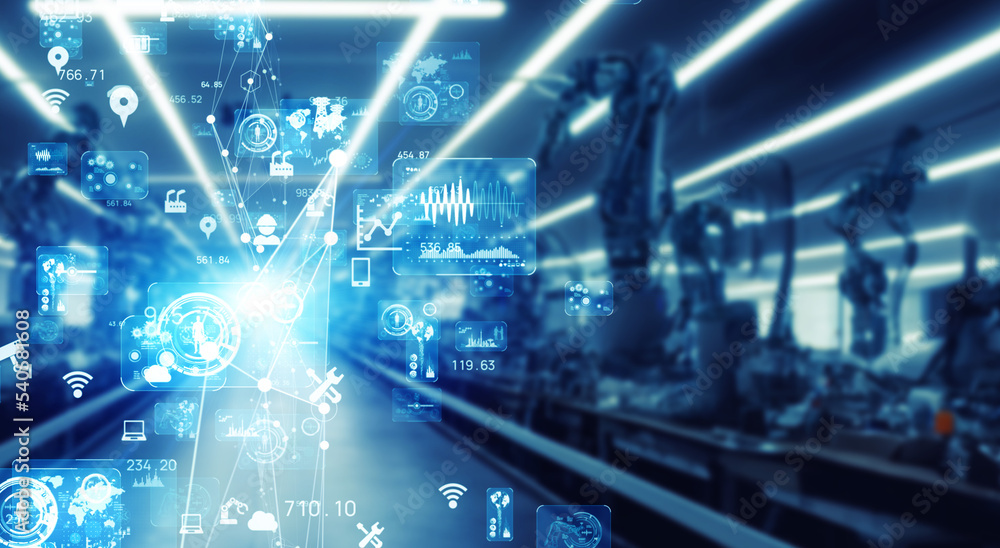 Aufkleber Futuristic factory with robot arms and communication network concept. Factory automation. IIoT.