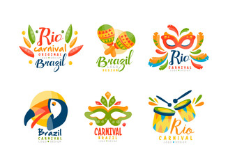Brazil and Rio Carnival Logo Design with Bright Masquerade Feather Mask, Drum and Maracas Vector Set