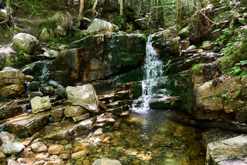 A small stream and waterfall on a trail in the White Mountains in Carroll County, NH, near Mt...