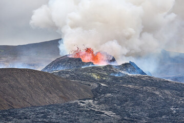 A lava geyser on July 13, 2021 at the Fagradalsfjall Volcano on the Reykjanes Peninsula in Western Iceland