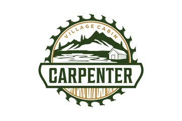 Carpenter woodwork logo design circular saw mountain lake illustration with barn house icon symbol © 21graphic