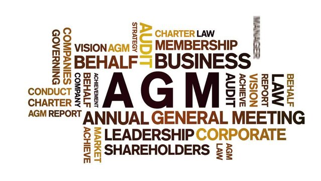 AGM - Annual General Meeting acronym animated tag word cloud;text design animation kinetic typography seamless loop.