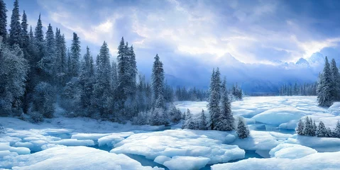 Foto op Plexiglas Winter landscape illustration digital art background fantasy wallpaper  environment nature concept cold snow weather wilderness © Styles and Curious