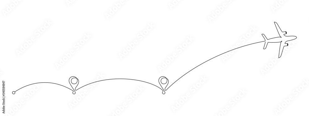 Leinwandbilder Airplane path and point in One Continuous line drawing. Business Concept of world travel and international flight airline with road in simple linear style. Editable stroke. Doodle Vector illustration