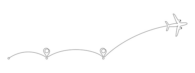 Airplane path and point in One Continuous line drawing. Business Concept of world travel and international flight airline with road in simple linear style. Editable stroke. Doodle Vector illustration