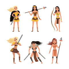 Beautiful Amazon Woman as Ancient Warriors Characters Fighting with Spears and Swords Vector Set