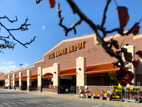 The Home Depot store front entrance with blue sky