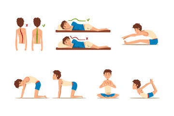 Teen Boy Demonstrating Wrong and Correct Spine Posture Vector Set
