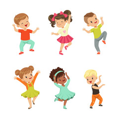 Little Boy and Girl Dancing and Moving to Music Vector Illustration Set