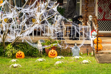 Halloween house home outside decoration. Front porch haloween party trick or treat decor