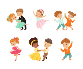 Little Boy and Girl Dancing and Moving to Music Vector Illustration Set
