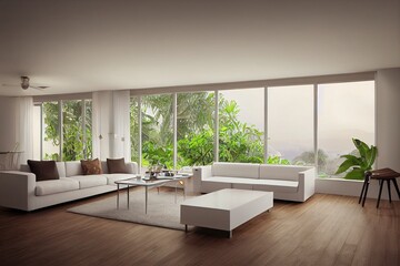 White living room interior with dining table and chairs, side view, sofa and cabinet with decoration on hardwood floor. Panoramic window on tropics. 3D rendering