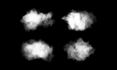 Clouds set isolated on black background. White cloudiness, mist or smog background. Design elements on the topic of the weather. White cloud collection.