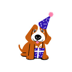cute puppy with wrapped present and party hat. happy dog with gift and bone themed birthday party hat. isolated animal illustration on transparent background clipart