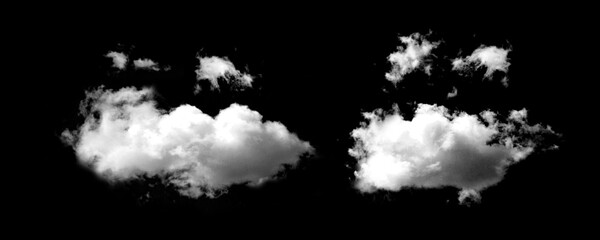 Clouds set isolated on black background. White cloudiness, mist or smog background. Design elements on the topic of the weather. White cloud collection.