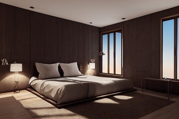 Mockup frame in contemporary bedroom design, bight home decor, 3d render, 3d illustration