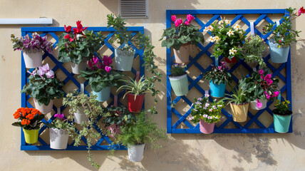 Image of colorful flower pots hanging on a house wall. Summer vacation in Italy
