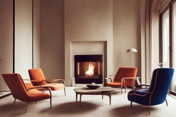 Beautiful living room interior with fireplace and armchairs